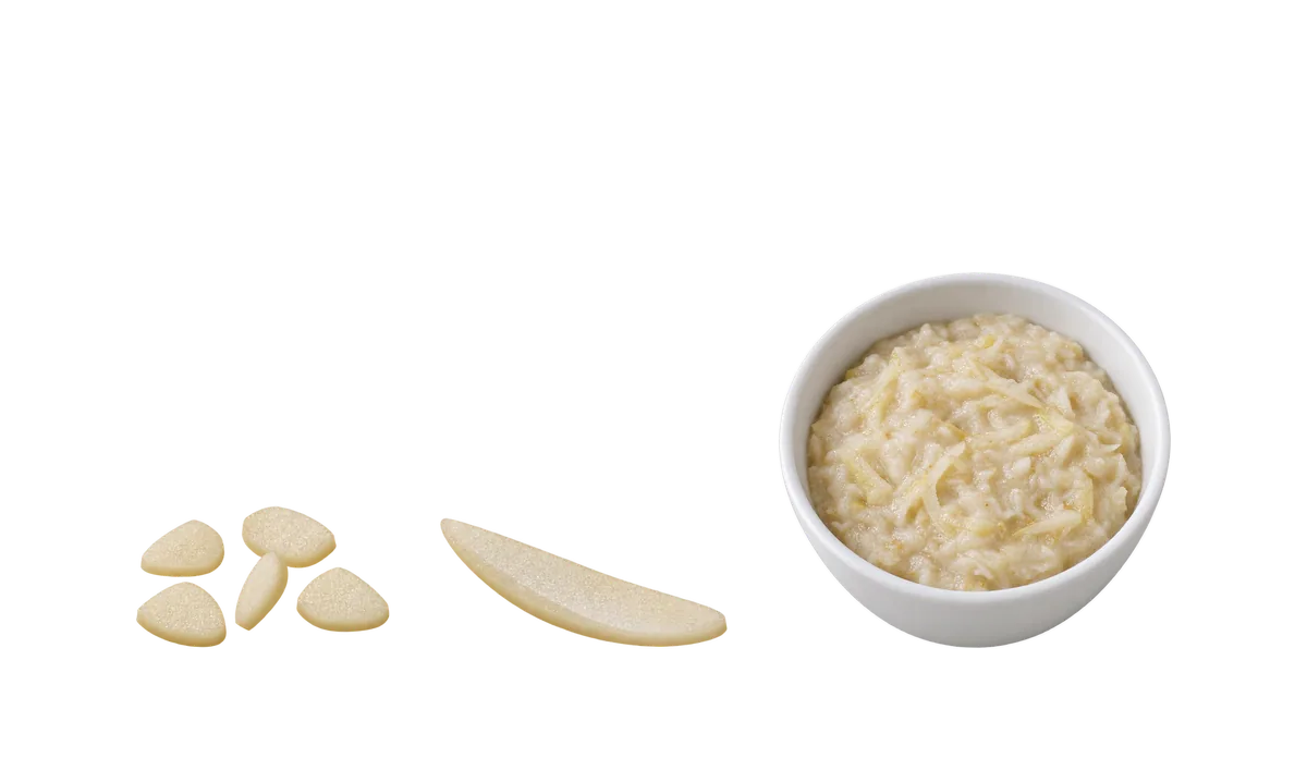 Pears, 9 to 11 months: 1, Flat pieces about 1 cm, not cubes; 2, Thin slices; 3, Grated into porridge