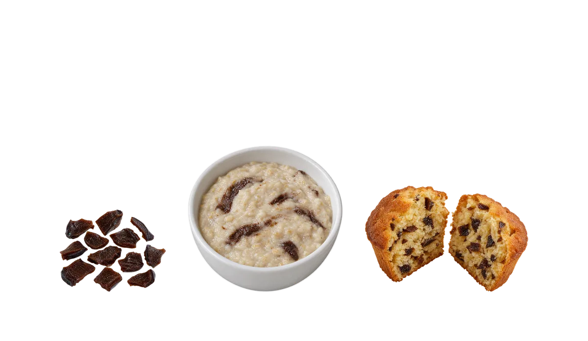 Prunes, 12 months until age 4: 1, On their own; 2, Stirred into oatmeal; 3, Baked in batter, no added sugar