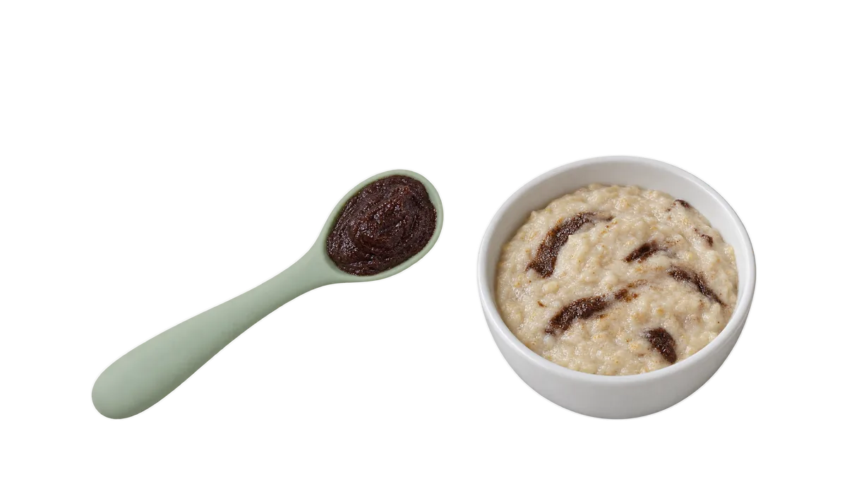 Prunes, 6 to 8 months: 1, Mashed smooth, on a spoon; 2, Stirred into porridge or yogurt
