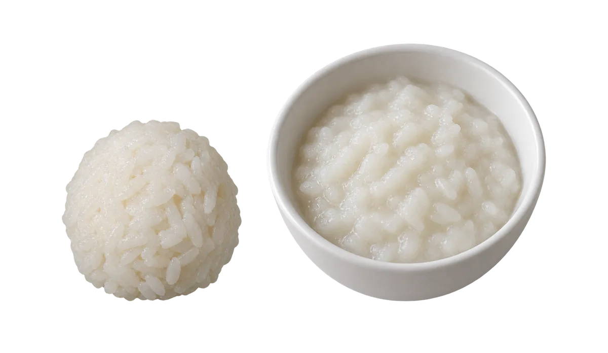 Rice, 6 to 8 months: 1, Pressed into a large soft ball; 2, Simmered into a thick porridge