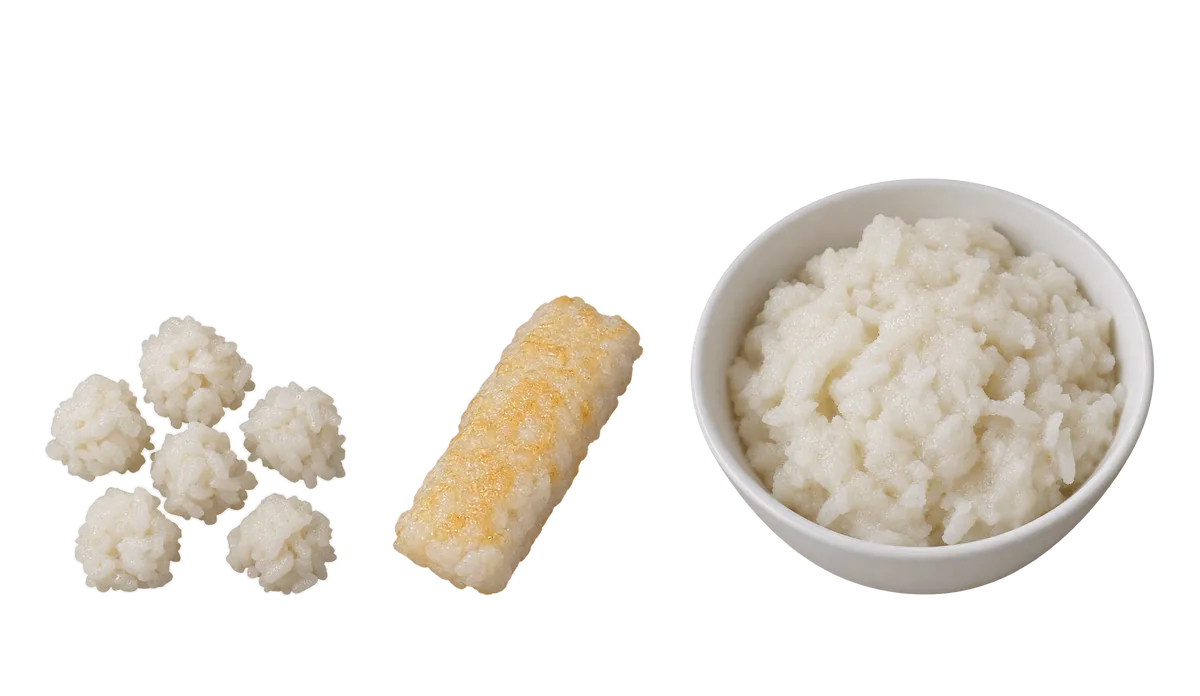 Rice, 9 to 11 months: 1, Small soft clumps, to pick up; 2, Soft rice patties, cut in strips; 3, Mashed into soft food