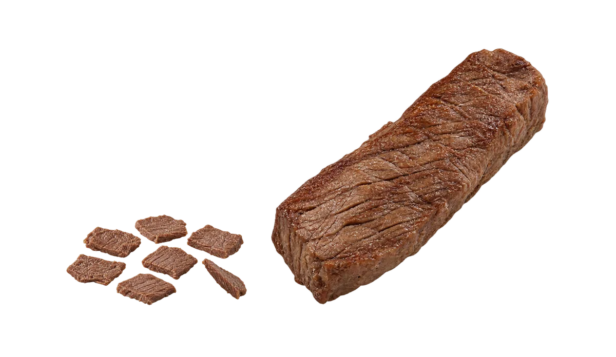 Steak, age 4 and up: 1, Sliced thin across the grain; 2, Thin strips