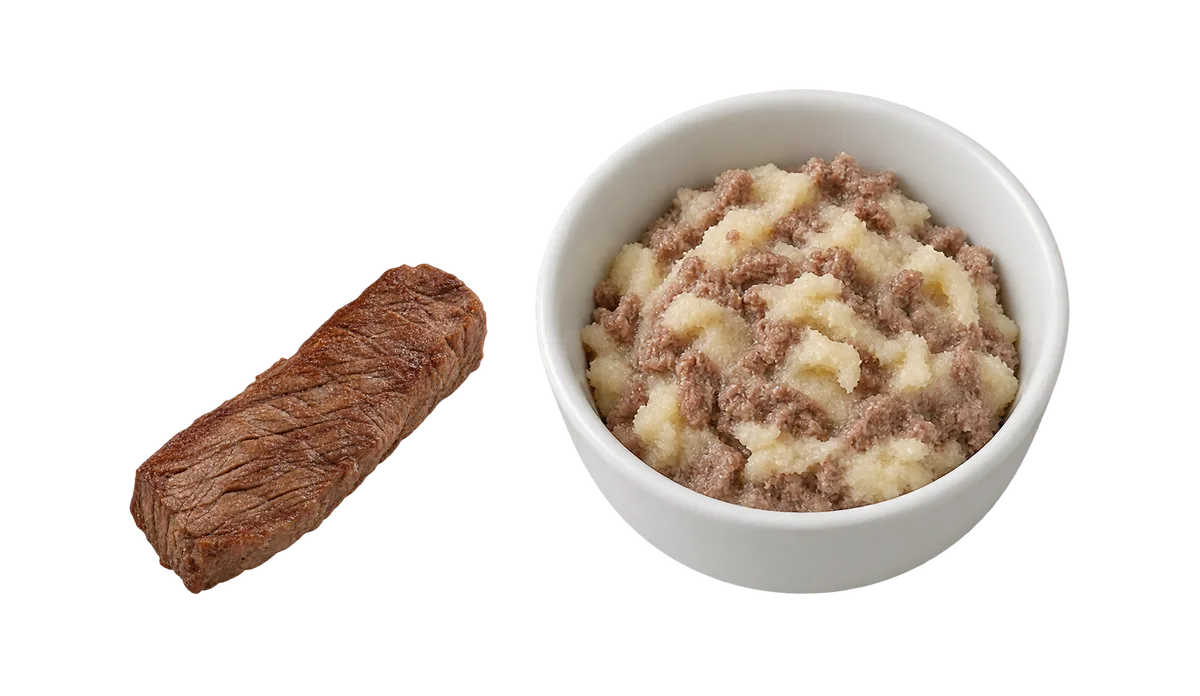 Steak, 6 to 8 months: 1, A strip about 7 cm long, to gnaw; 2, Minced fine into mash