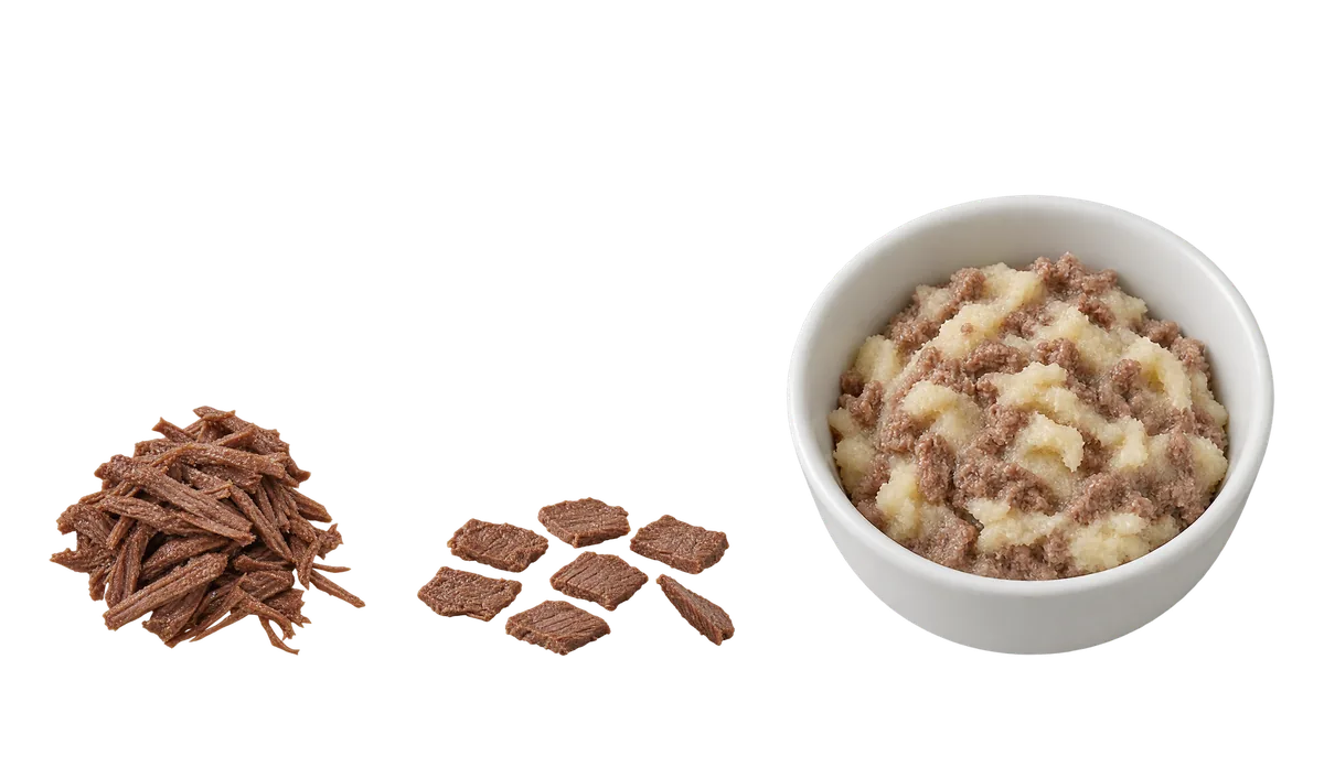 Steak, 9 to 17 months: 1, Minced or shredded fine; 2, Sliced thin, in pieces under 1 cm; 3, Minced, stirred into mash