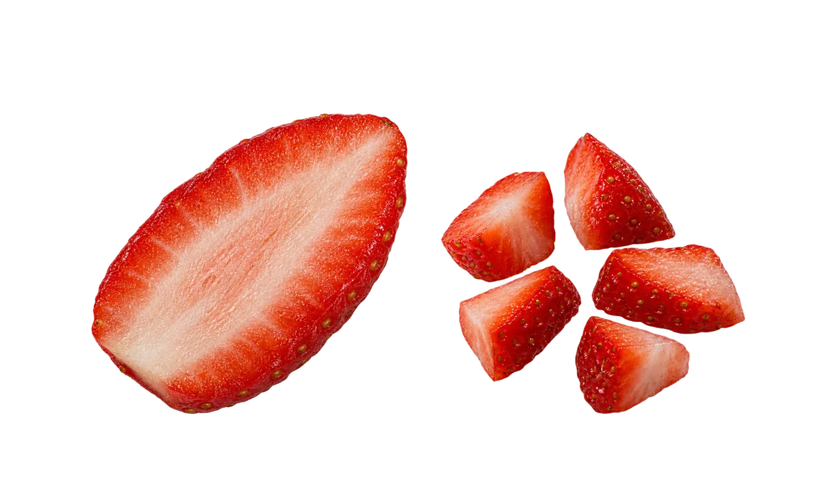 Strawberries, 9 to 11 months: 1, Thin slices, not paper-thin; 2, Soft pieces about 1 cm, to pinch