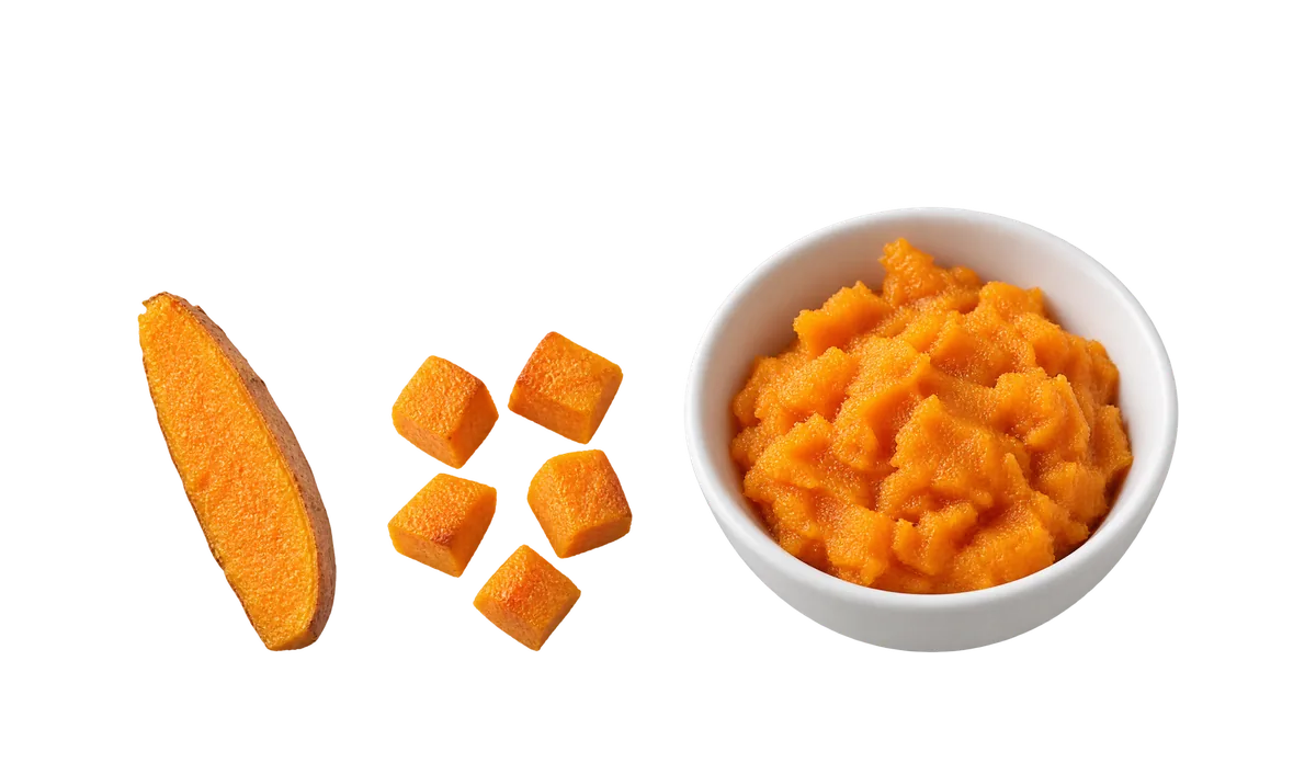 Sweet Potato, 12 months and up: 1, Cooked wedges; 2, Cooked cubes, about 1 cm; 3, Mashed
