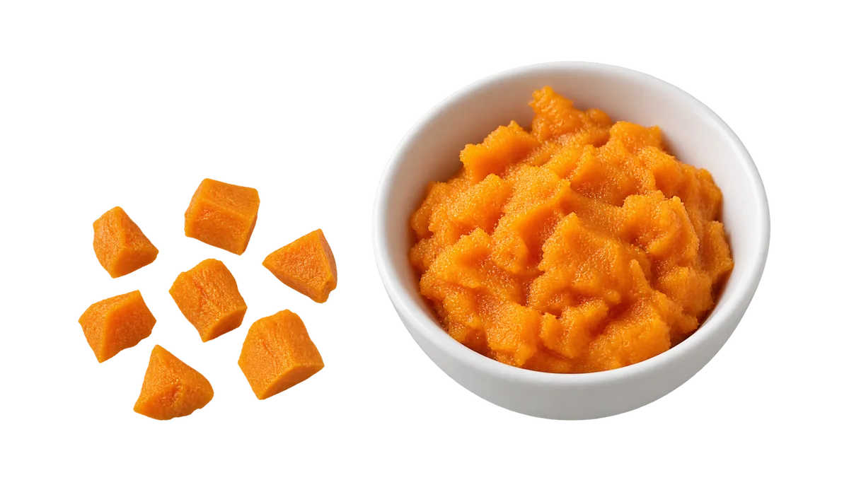 Sweet Potato, 9 to 11 months: 1, Soft pieces about 1 cm, to pinch; 2, Mashed, with a few lumps left in