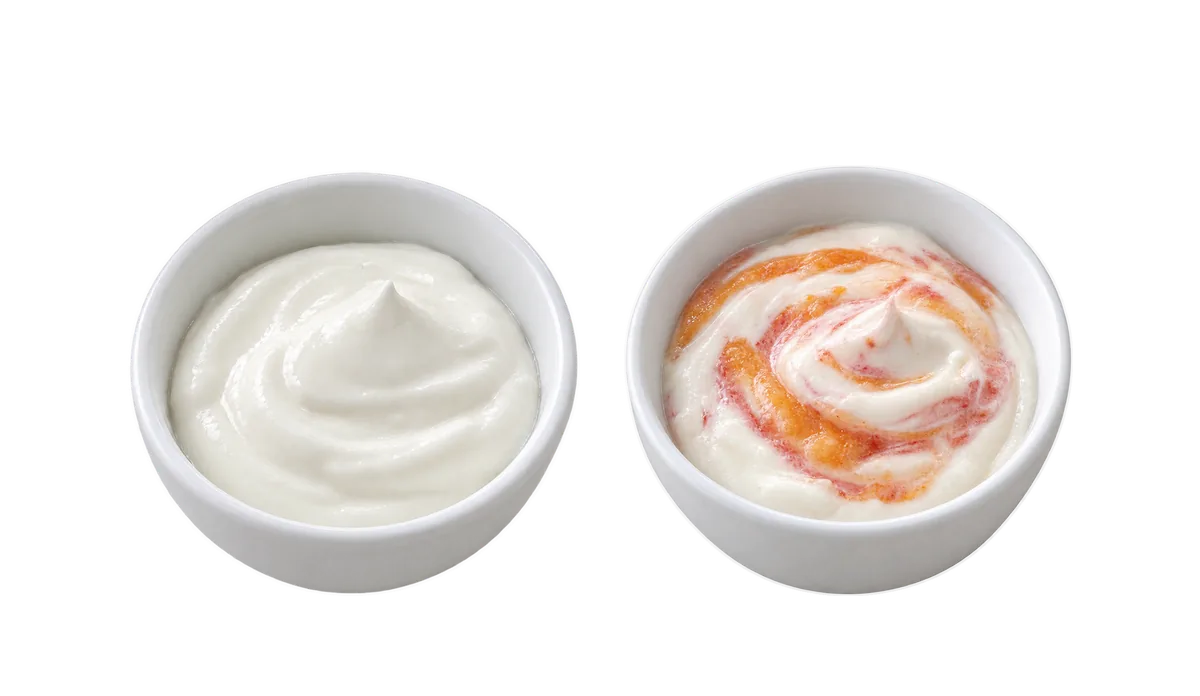Yogurt, 12 months and up: 1, Eaten with a spoon; 2, Stirred into porridge or fruit