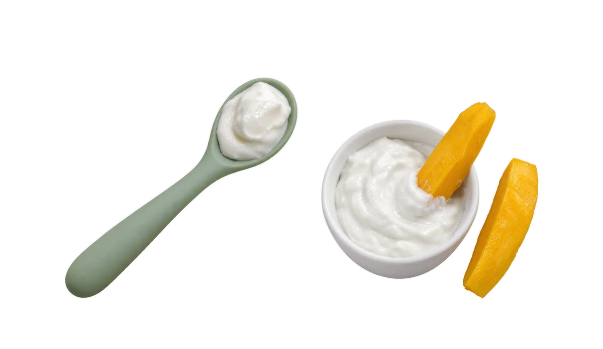 Yogurt, 9 to 11 months: 1, From a spoon; 2, As a dip for soft fruit strips
