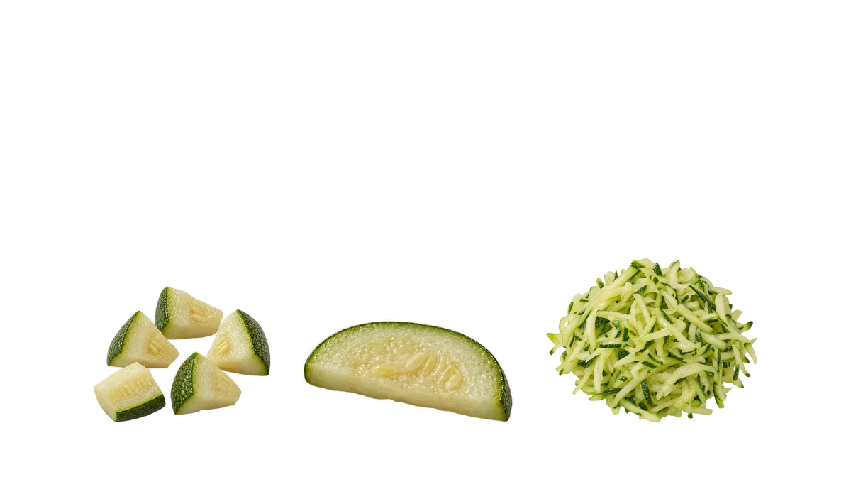 Zucchini, 12 to 17 months: 1, Cooked soft pieces, about 1 cm; 2, Thin cooked slices, in dishes; 3, Grated raw, mixed in