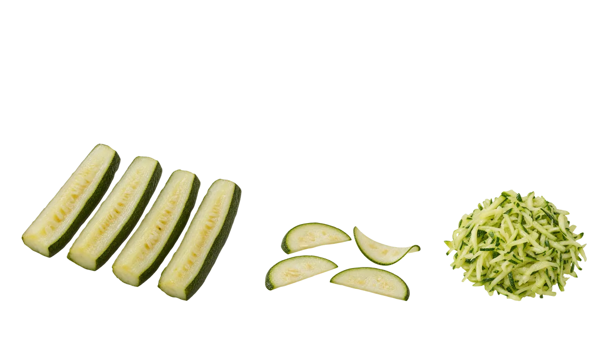 Zucchini, 18 months until age 4: 1, Cooked slices or sticks; 2, Raw, sliced paper-thin; 3, Raw, grated