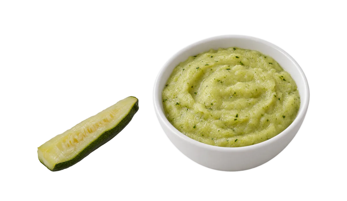 Zucchini, 6 to 8 months: 1, Spears two fingers wide, skin on; 2, Mashed smooth