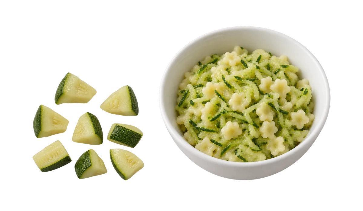 Zucchini, 9 to 11 months: 1, Cooked soft, pieces about 1 cm; 2, Grated, cooked into other dishes