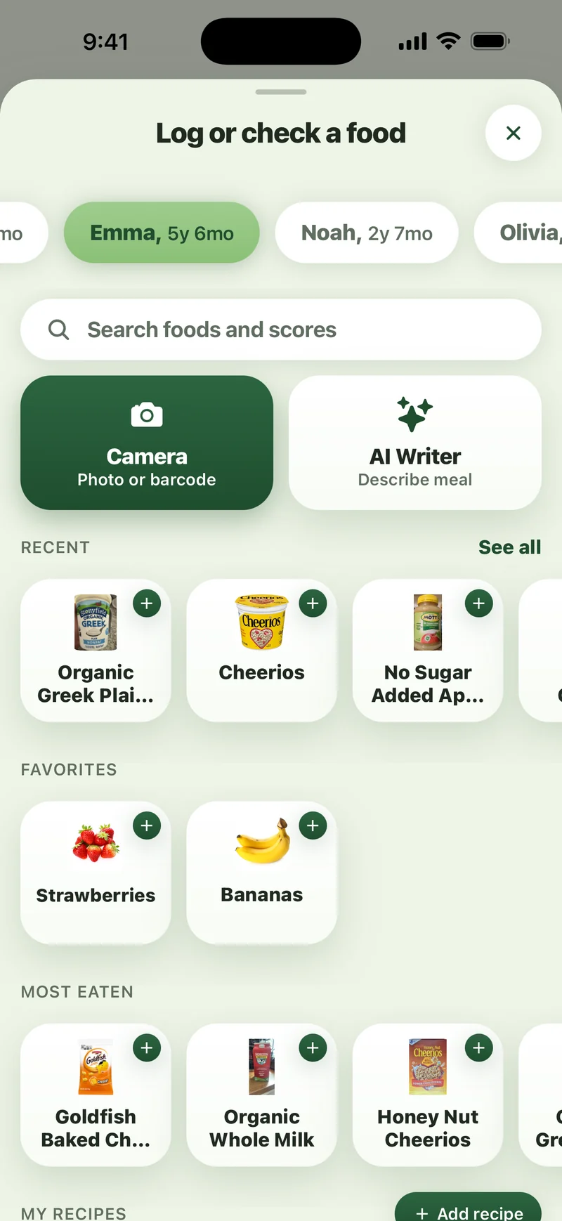 Sito app: the log sheet offering camera, AI writer, search, recent foods and favourites.