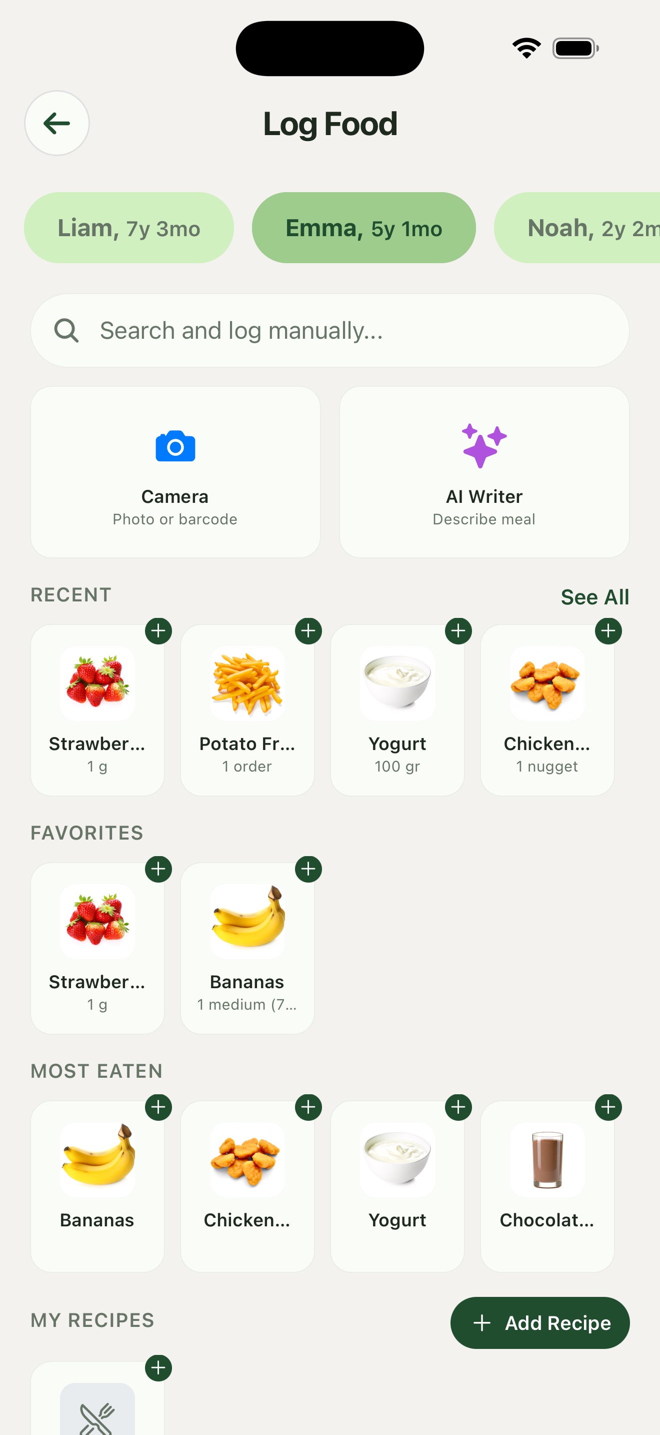 Sito app: five ways to log — search, camera, barcode, AI writer, or pick from recent and favorites.