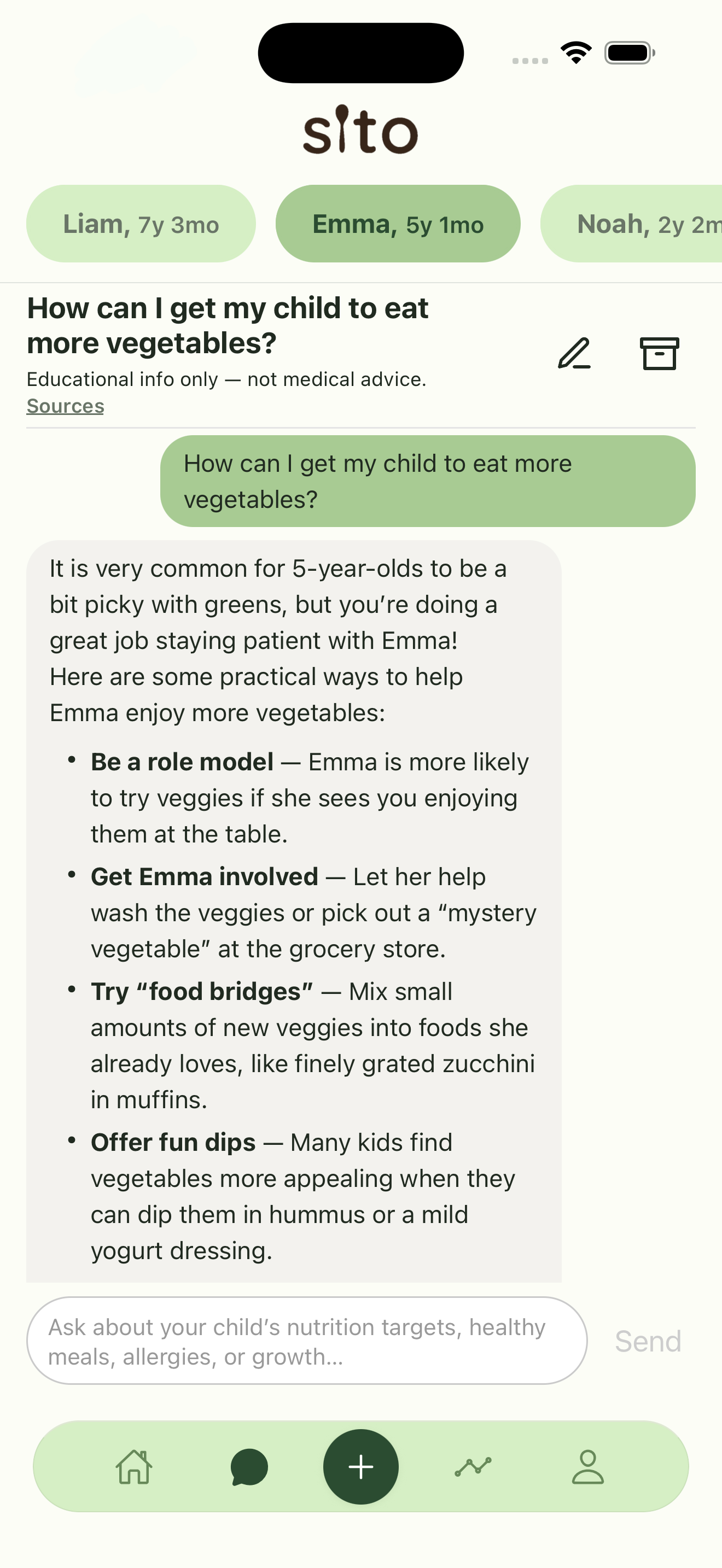 Sito app: your child's nutrition expert — ask anything and get personalized advice.