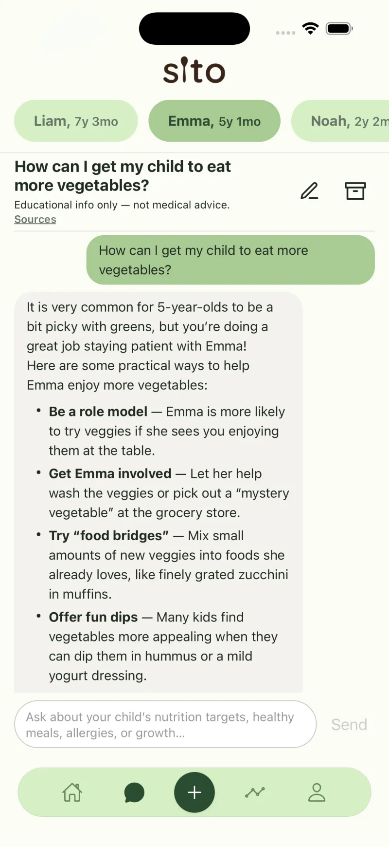 Sito app: your child's nutrition expert — ask anything and get personalized advice.