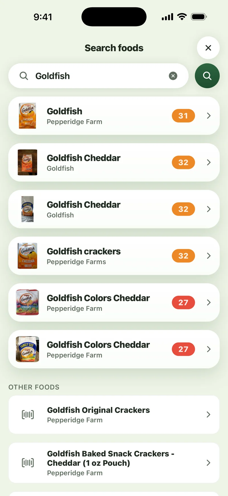 Sito app: searching Goldfish returns every variant with its KidScore beside it.