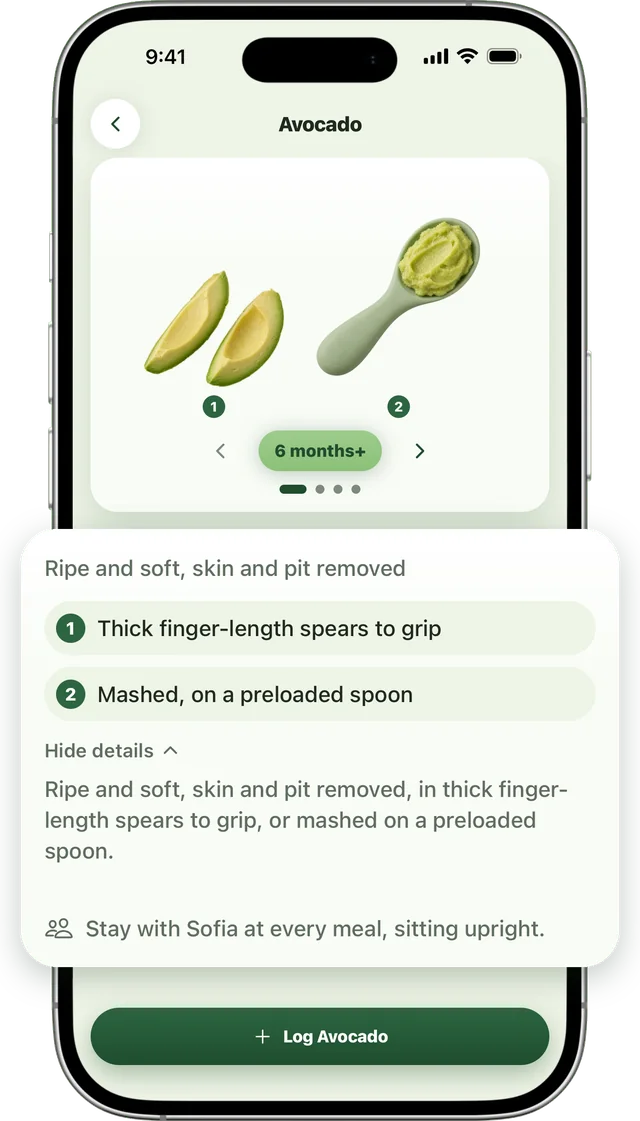 Sito's first-food card for avocado at 6 months, its serving card lifted out of the phone.